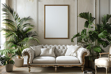 Mockup poster frame 3d render in a glamorous Hollywood regency living room with mirrored accents and plush furnishings, hyperrealistic - obrazy, fototapety, plakaty