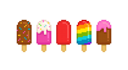 Vector Pixel Ice Cream colorful set № 2 in retro game style. Perfect Pixel Rainbow Ice Сream on a stick and ice cream popsicle - editable vector icons collection (2)