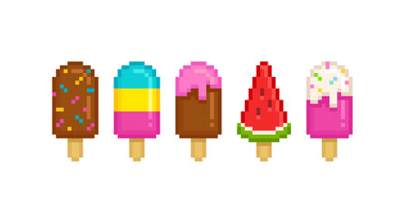 Vector Pixel Ice Cream colorful set № 1 in retro game style. Perfect Pixel Rainbow Ice Сream on a stick and ice cream popsicle - editable vector icons collection (1)