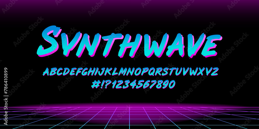 Poster perfect retro wave 80s style type font and vector chrome alphabet with numbers. neon retro futuristi