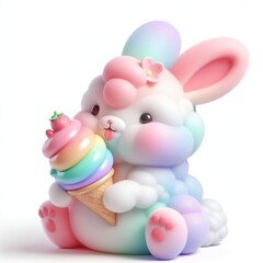 rainbow pastel bunny eating pink strawberry ice cream on white background