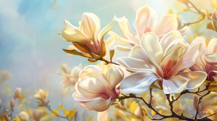 Flowering magnolia blossom on a sunny spring background.