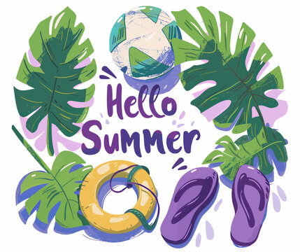 a poster with a picture of a beach ball, palm leaves, and flip flop