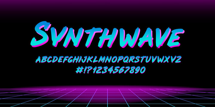 Perfect Retro wave 80s style type font and vector  chrome alphabet with numbers. Neon Retro futuristic horizon background and vintage font type. Set for print tee and music poster design 80s -90s