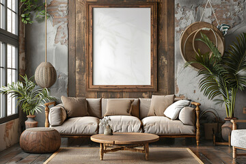 Mockup poster frame 3d render in a rustic farmhouse living room with distressed wood accents, hyperrealistic