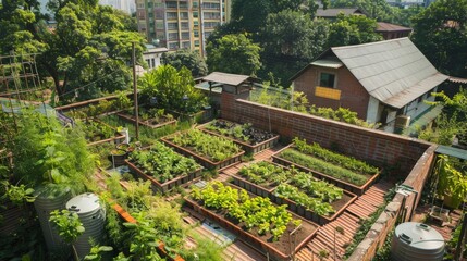 An urban rooftop garden teeming with greenery and vegetable plots, showcasing how city dwellers can contribute to local food production and biodiversity.