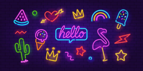 Vector Neon Sign set 2 on brick wall background. Editable neon icons set of Flamingo, Sign Hello, heart, Ice Cream, Rainbow, Crown etc. Neon night sign, a glowing light banner, emblem for club or bar