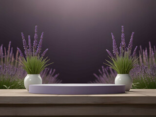 Product podium mockup lavender flower background purple