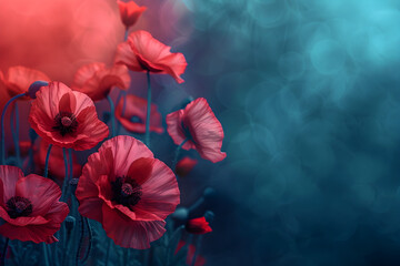 Anzac Day war victims background banner with abstract blue and red background and poppies to remember all victims of war. - obrazy, fototapety, plakaty