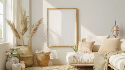 Wooden vertical frame mock up on a white wall above the sofa in living room. Copy space. Modern minimalistic boho interior. Photo frame template. Empty beige frame mock up, Sample