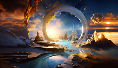 abstract colorful four-4  Dimension, time portal  with ocean and golden sunset.fantasy concept. Ai...