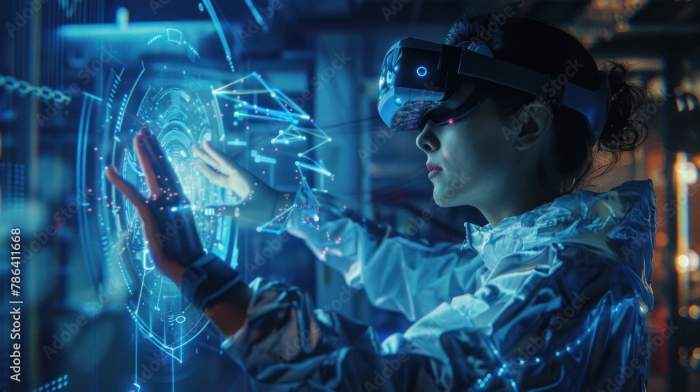 Poster person using augmented reality glasses to interact with objects in a metaverse environment, explorin