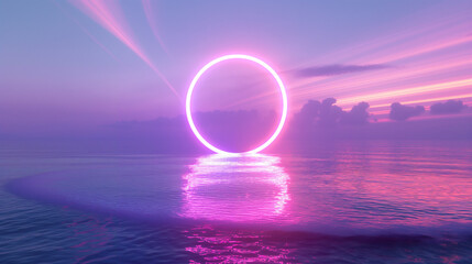 Neon glowing ring at sunrise sky levitating over the sea - obrazy, fototapety, plakaty