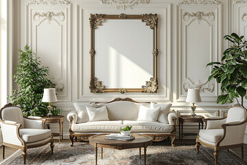 Mockup poster frame 3d render in a traditional colonial living room with classic furniture and timeless elegance, hyperrealistic