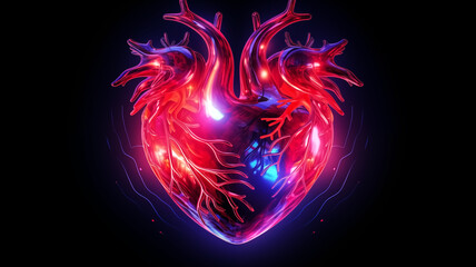 Glowing neon human heart illustration on a dark background. Medical and healthcare concept for design and print. Anatomical heart poster with copy space.