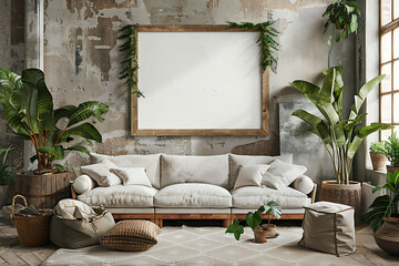 Mockup poster frame 3d render in a contemporary rustic living room with reclaimed wood accents and cozy textiles, hyperrealistic