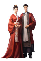 Hyper realistic Couple standing in CHINA culture clothes Isolated on transparent background.