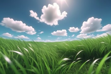 Fototapeta na wymiar Tranquil Summer Landscape, Lush Green Grass under a Cloudy Sky