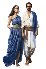 Hyper realistic Couple standing in GREECE culture clothes Isolated on transparent background.