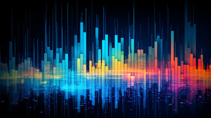 Abstract digital city skyline with vibrant soundwave pattern on a dark background. Conceptual illustration of urban rhythm and music visualization for design and wallpaper.