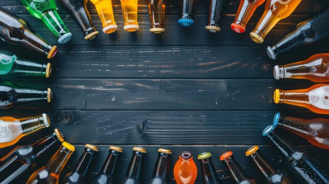 A Variety of Beers on a Black Wooden Table Top View Beer Industry Advertisement