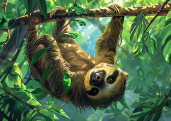 Obraz premium A sloth hanging upside down from the branch of an tree, its long arms and legs wrapped around it's body as if to hug itself