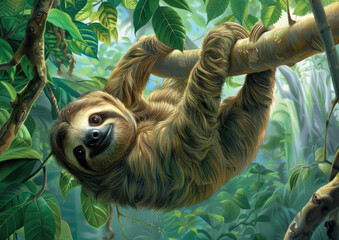 Fototapeta premium A sloth hanging upside down from the branch of an tree, its long arms and legs wrapped around it's body as if to hug itself