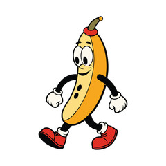 Banana retro funky cartoon character. smile face, walking, Groovy summer vector illustration.