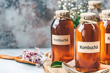 Bottles of organic kombucha on wooden board, light grey background, copy space. Homemade kombucha tea, rustic presentation. Bottled kombucha tea. Fermented kombucha drink with label