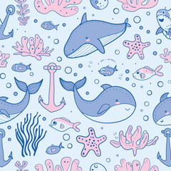 Fototapeta premium a blue and pink sea life wallpaper with dolphins, dolphins, fish, and