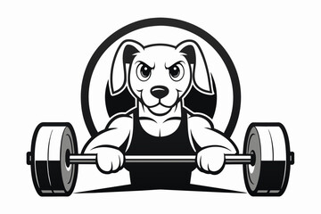 a gym logo with the name  black and white, Dog with heavy barbell