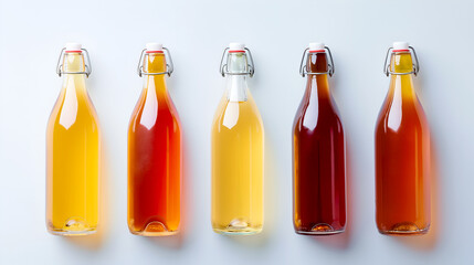 Bottled kombucha tea. Set of glass bottles with filtered kombucha drinks made of yeast, sugar and tea with addition of fruits and berries for different tastes. Fermented tea or tea kvass banner - obrazy, fototapety, plakaty