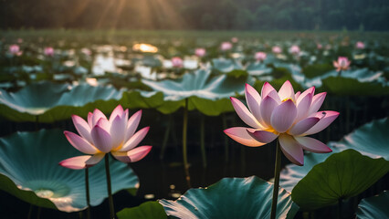 Beautiful pink lotus flower close up in pond at red lotus lake, Udonthani
 - obrazy, fototapety, plakaty