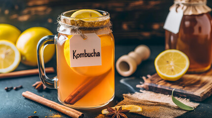 Kombucha brewing in mason jar with lemon and cinnamon sticks. Citrus kombucha preparation with spices and label. Homemade kombucha with lemon and cinnamon - obrazy, fototapety, plakaty