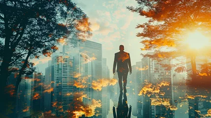 Foto op Plexiglas Man walking on green city street wearing suit at sunset with forest nature overlay on skyscrapers © Barosanu