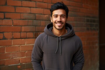 Portrait of a happy indian man in his 20s sporting a comfortable hoodie in front of vintage brick wall