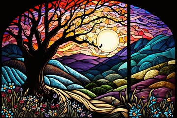 Colorful Art of Stained Glass Window with Tree, Fields and Sunset