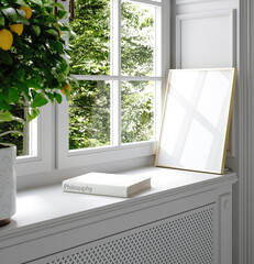 Obraz premium Cozy home interior with frame mockup, 3d render