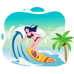 Woman surfing during summer vacation. People enjoying summer holiday illustration. Suitable for web, landing page, greeting card, promotion, social media,etc