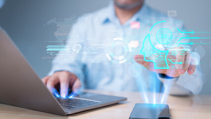 man using a laptop and a tablet. human touching virtual screen whit ai technology for working, Homework