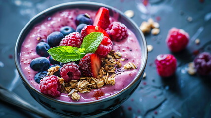 Berry antioxidant smoothie bowl with a variety of berries and granola on top.
