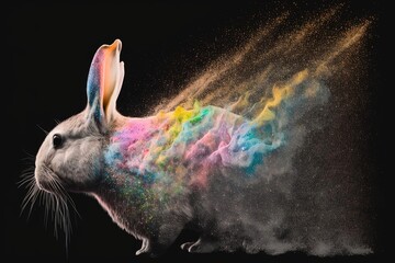 Colorful Rabbit Sprinkled with Rainbow Powder on Black Background
