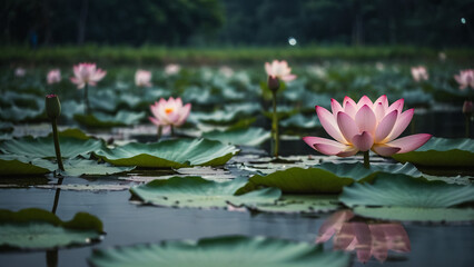 Fototapeta premium Beautiful pink lotus flower close up in pond at red lotus lake, Udonthani