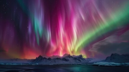 Naklejka premium Images capturing the mesmerizing beauty of auroras, with colorful curtains of light dancing across the night sky, creating surreal and otherworldly landscapes