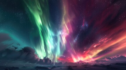 natural phenomenon of auroras, caused by the interaction of solar particles with the Earth's magnetic field, resulting in luminous displays of green, red, purple, and blue hues - obrazy, fototapety, plakaty