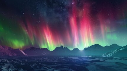 natural phenomenon of auroras, caused by the interaction of solar particles with the Earth's magnetic field, resulting in luminous displays of green, red, purple - obrazy, fototapety, plakaty