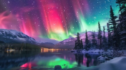 natural phenomenon of auroras, caused by the interaction of solar particles with the Earth's magnetic field, resulting in luminous displays - obrazy, fototapety, plakaty