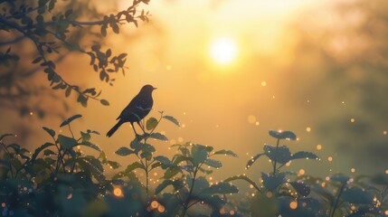 Visuals illustrating the peaceful and tranquil ambiance of sunrise, with birds chirping, dew glistening, and the sky gradually transitioning from darkness to light - obrazy, fototapety, plakaty