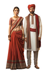 Hyper realistic Couple standing in INDIA culture clothes Isolated on transparent background.