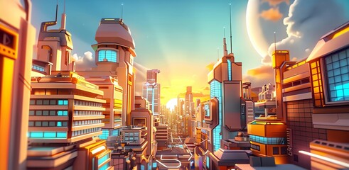 A futuristic cityscape featuring modular buildings and advanced technology